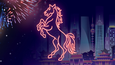 Fireworks city skyline and horse in neon colors